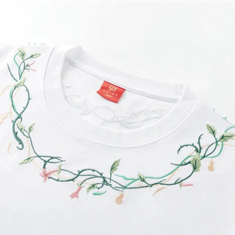 T Shirt Blanc Fleurs Brodés Pour Homme