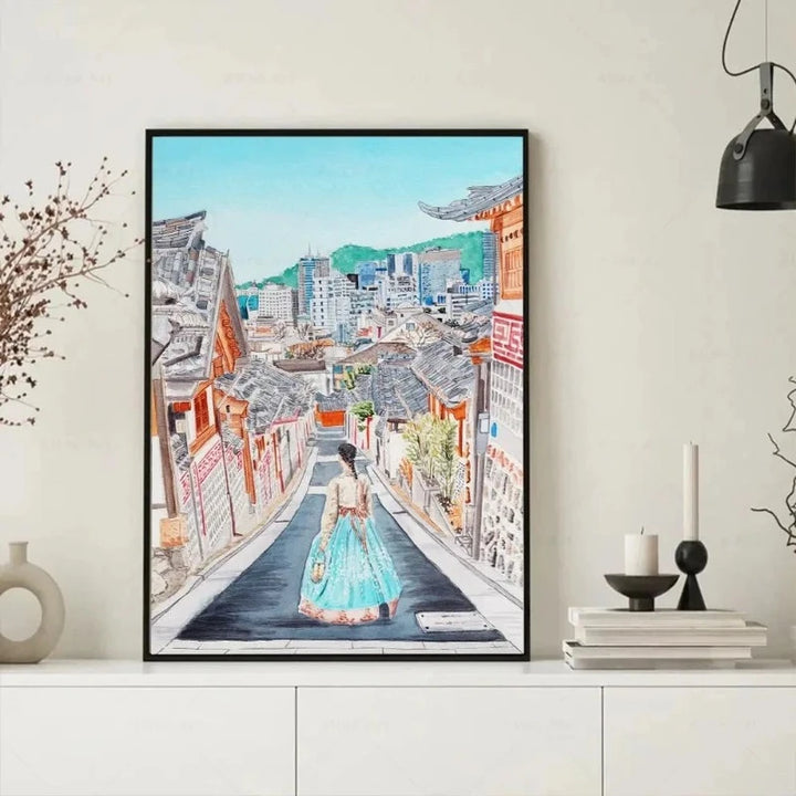 Peinture sur Toile Ville Séoul Rue et Femme Hanbok