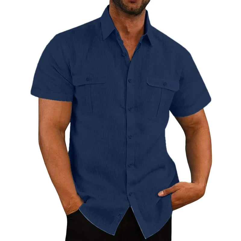 Chemise Lin Manches Courtes Homme Bleu