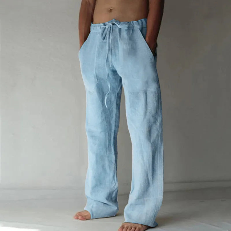 Pantalon Lin Coupe Droite Bleu