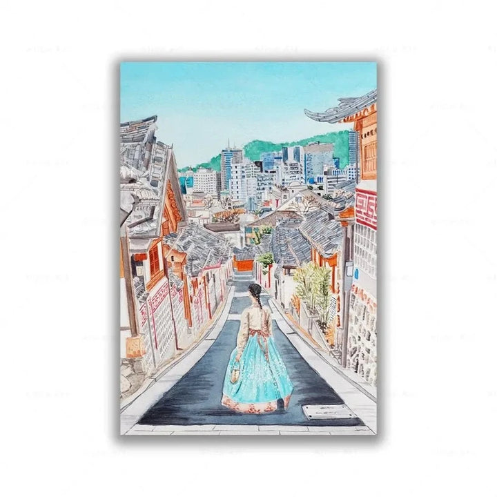 Peinture sur Toile Ville Séoul Rue et Femme Hanbok