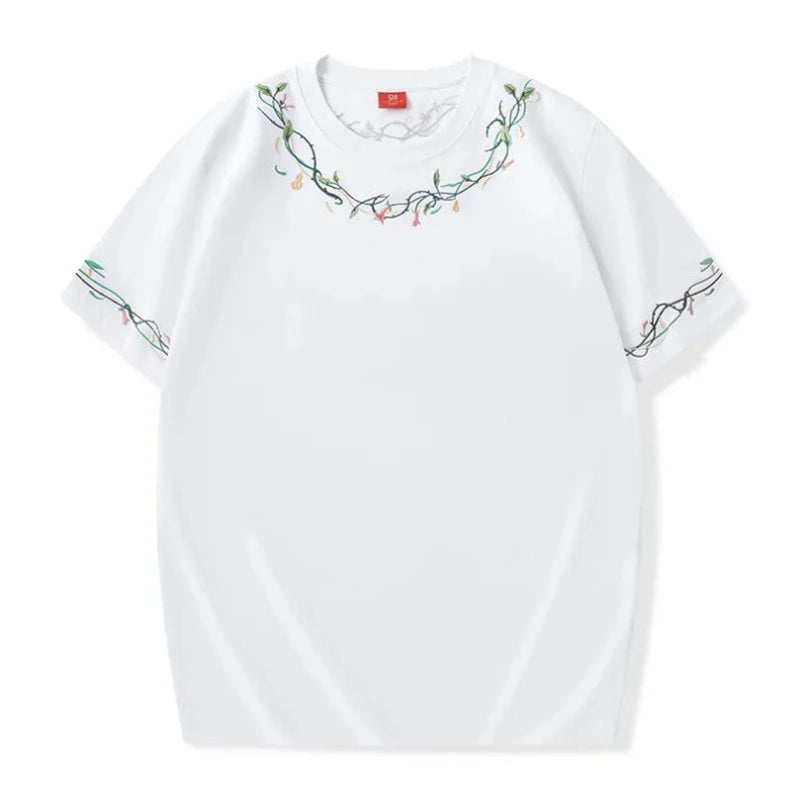 T Shirt Blanc  Fleurs Brodés Pour Homme