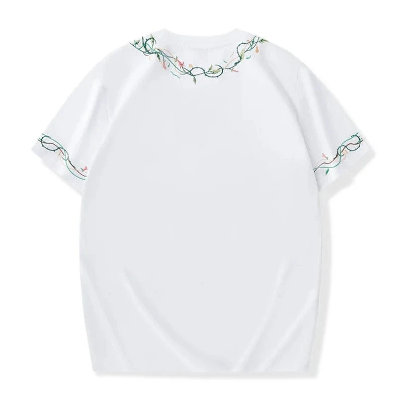 T Shirt Blanc  Fleurs Brodés Pour Homme