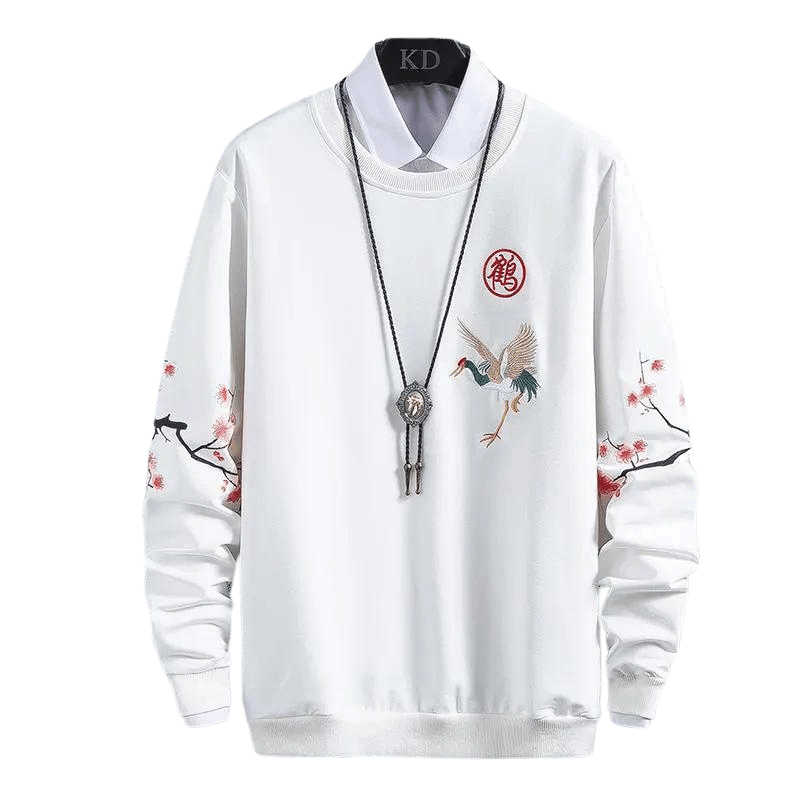 Pull Blanc Brodé Sakura et Grue