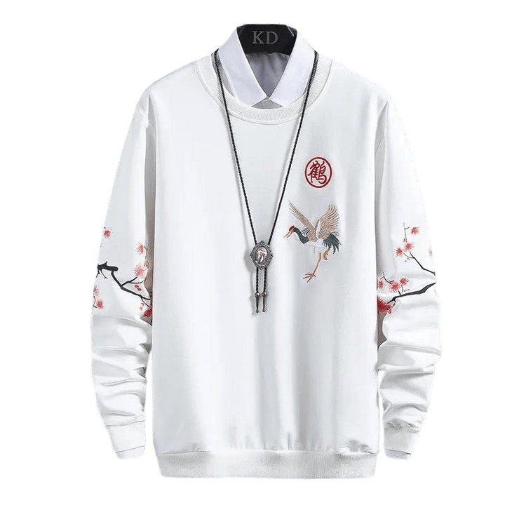 Pull Blanc Brodé Sakura et Grue