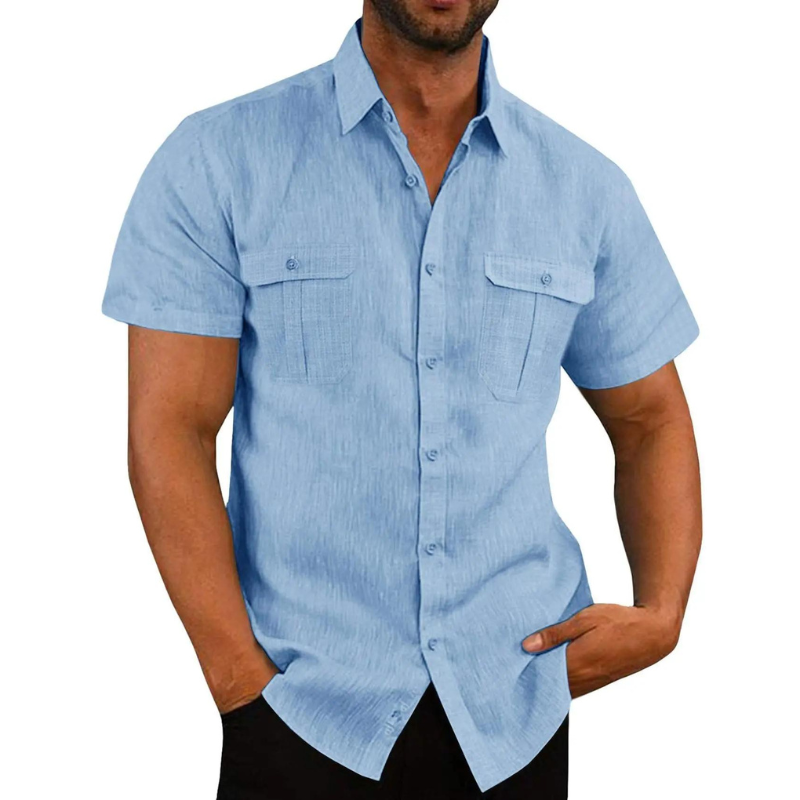 Chemise Lin Manches Courtes Homme Bleu clair
