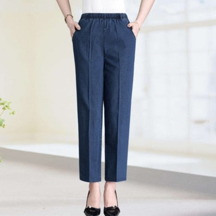 Pantalon Jean Elastique Femme Fleurs Brodées Marine