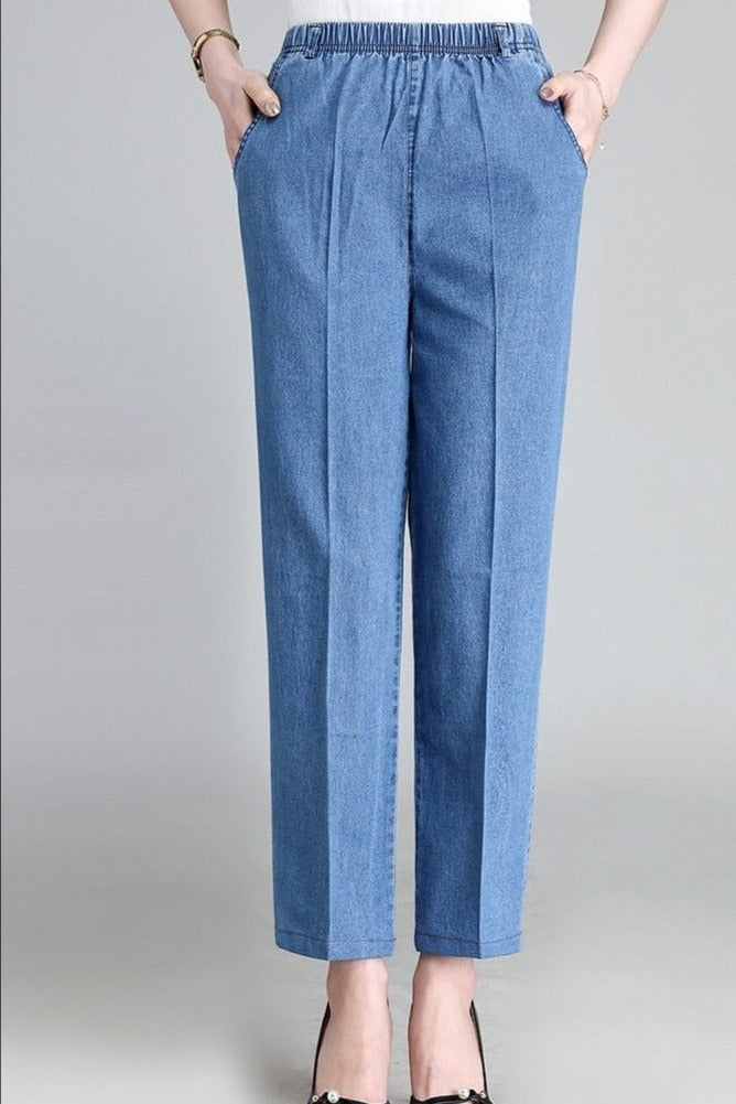 Pantalon Jean Elastique Femme Fleurs Brodées Bleu Clair