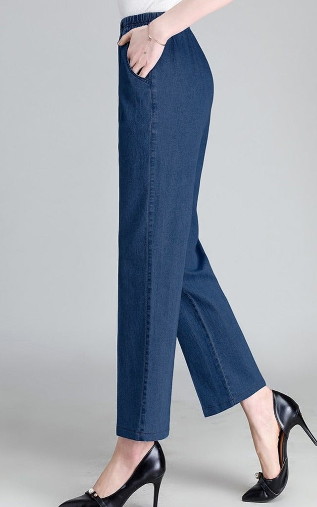 Pantalon Jean Elastique Femme Fleurs Brodées