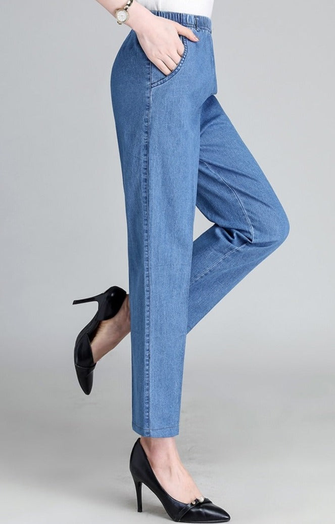 Pantalon Jean Elastique Femme Fleurs Brodées