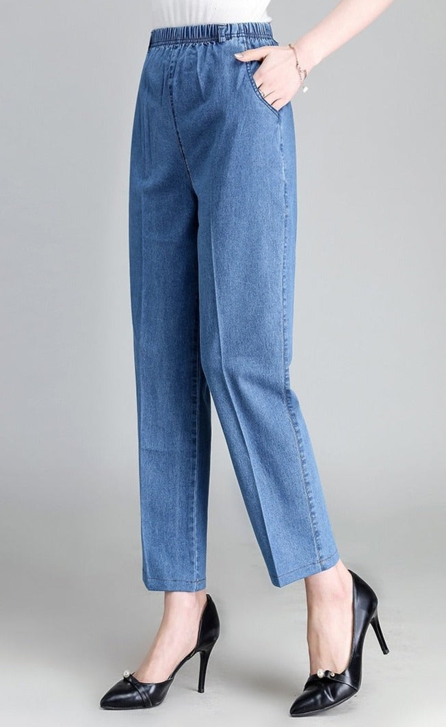 Pantalon Jean Elastique Femme Fleurs Brodées