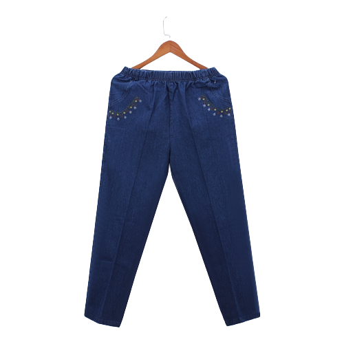 Pantalon Jean Elastique Femme Fleurs Brodées