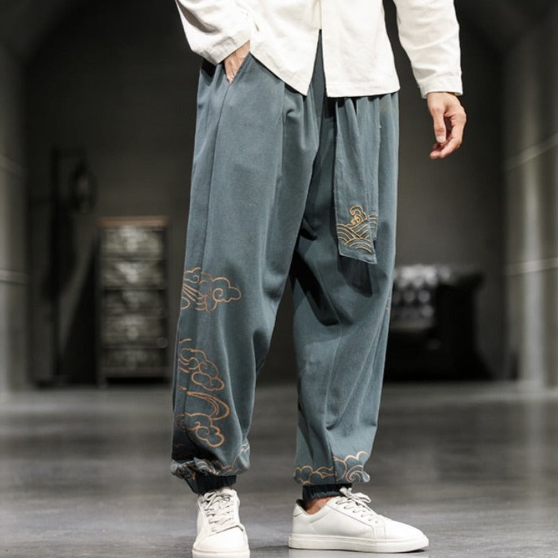 Pantalon Large Nuage Brodé Gris 