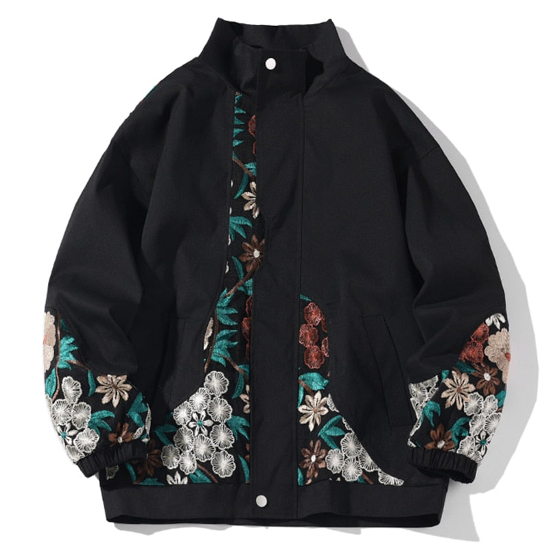 Blouson Noir Brodé Fleurs