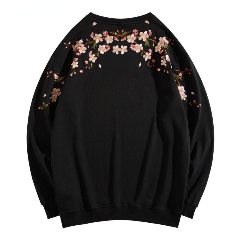 Pull Noir Brodé Fleurs Sakura