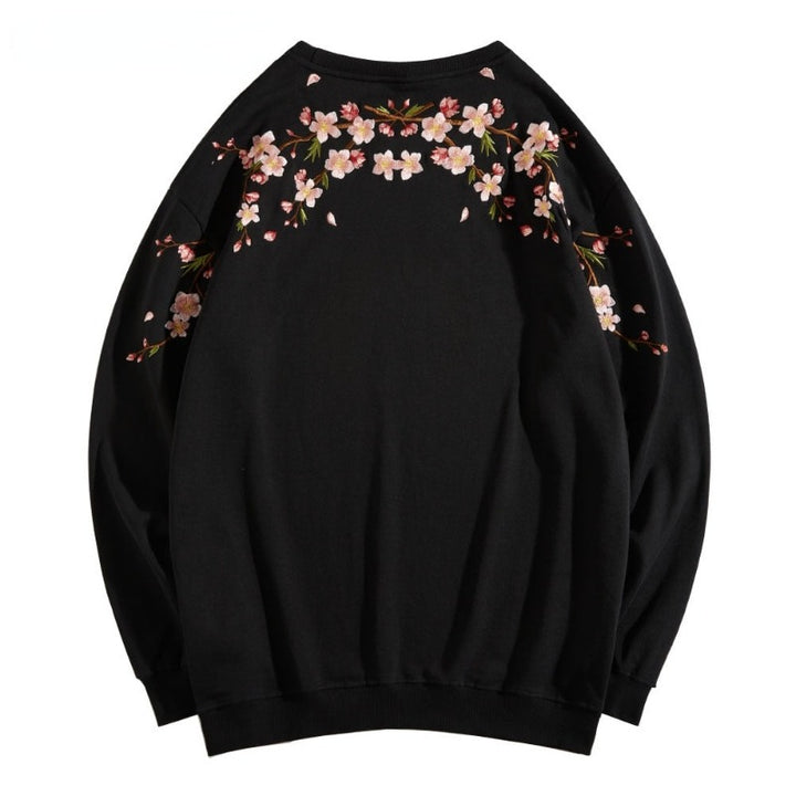 Pull Noir Brodé Fleurs Sakura