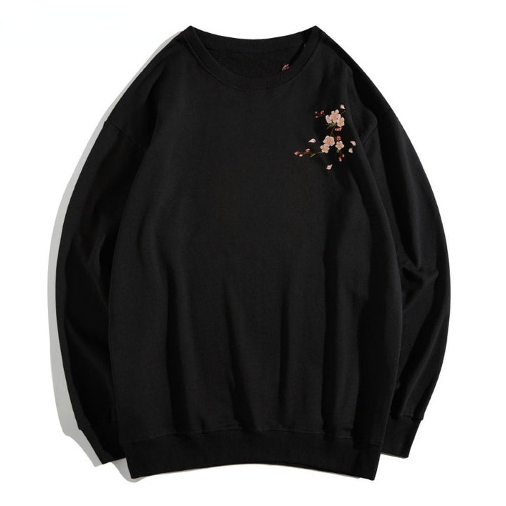 Pull Noir Brodé Fleurs Sakura