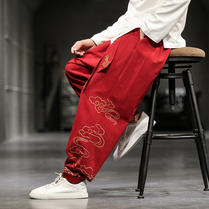 Pantalon Large Nuage Brodé Rouge 