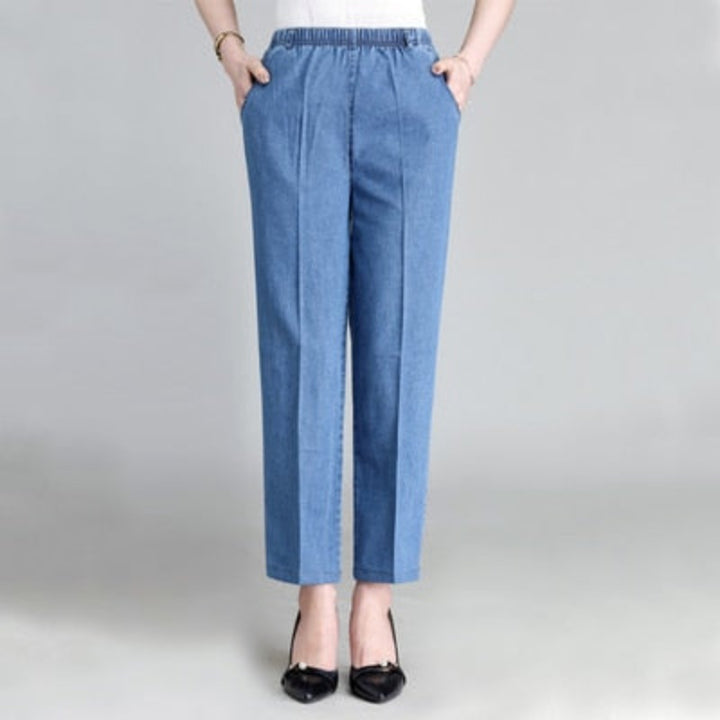 Pantalon Jean Elastique Femme Fleurs Brodées Bleu Clair