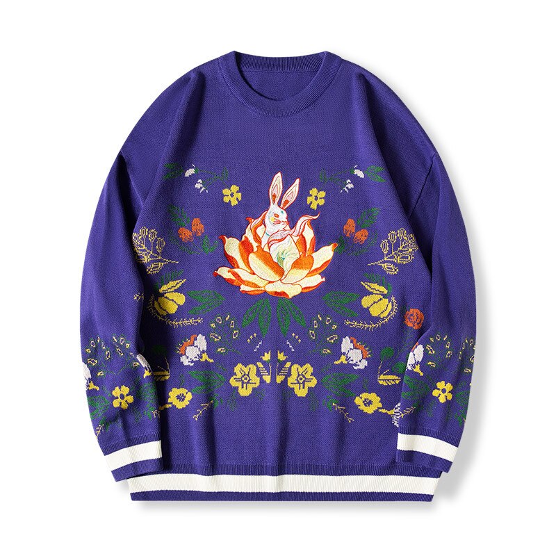 Pull Fleur de Lotus Brodé Bleu