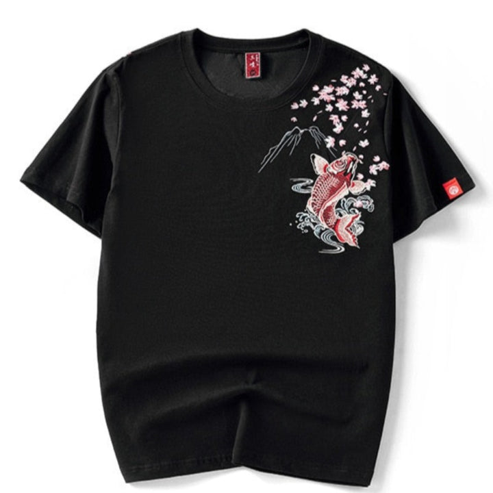 T Shirt Fleurs et Poisson Brodés Noir