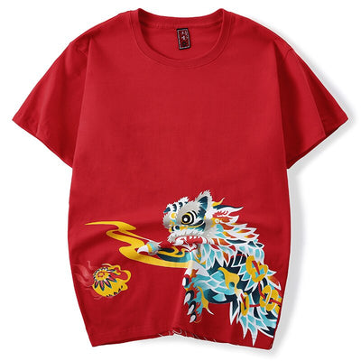 T Shirt Lion Brodé Rouge
