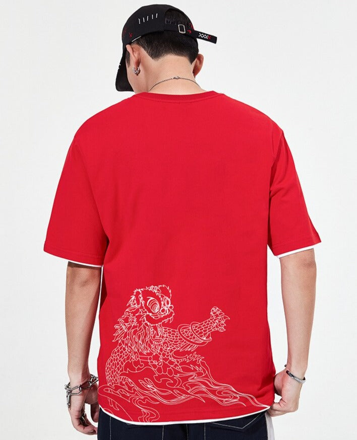 T Shirt Lion Brodé Rouge