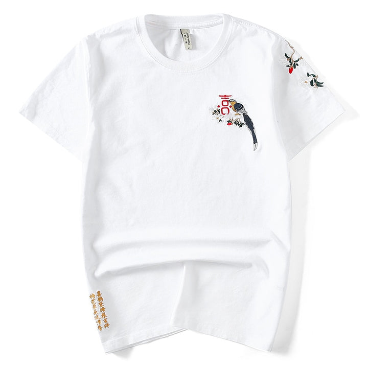 T Shirt Oiseaux Brodés Blanc