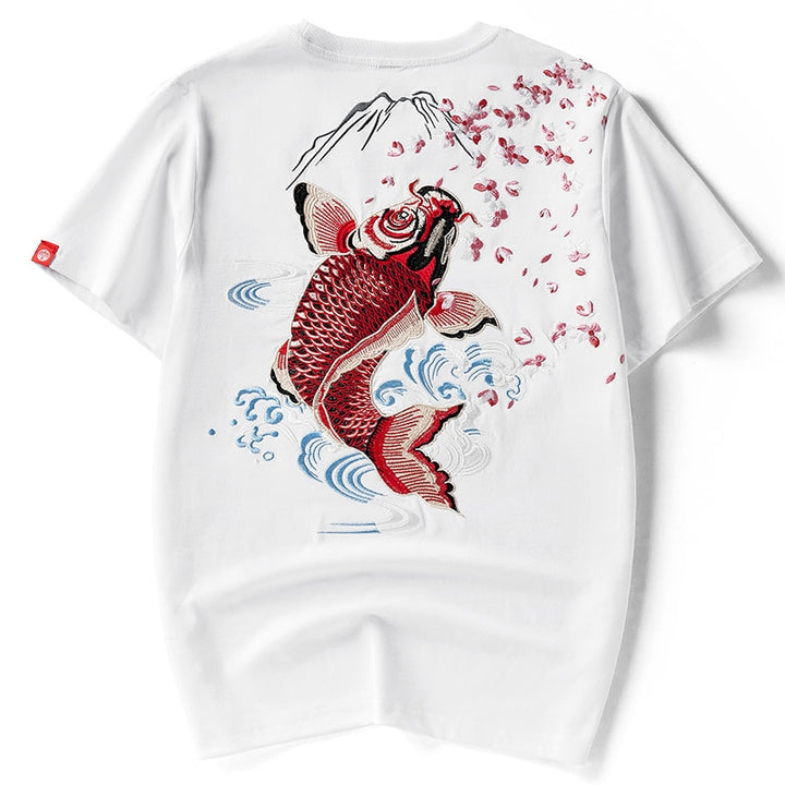 T Shirt Fleurs et Poisson Brodés Blanc