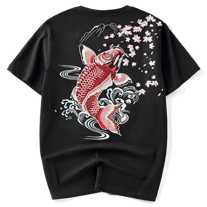 T Shirt Fleurs et Poisson Brodés Noir 