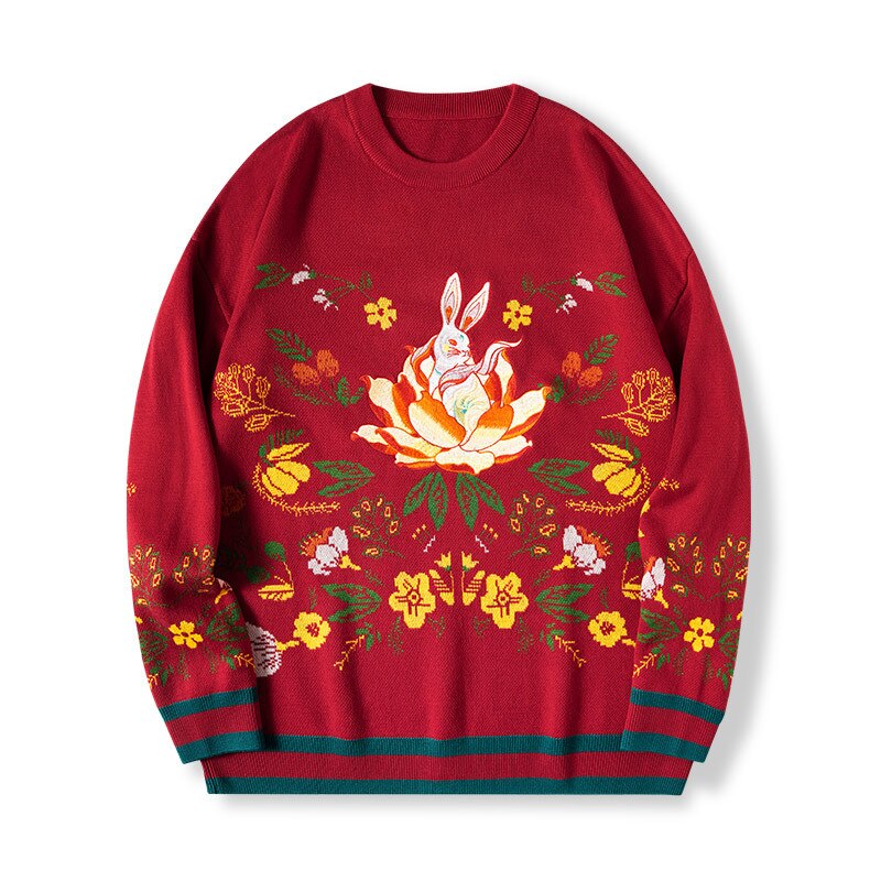 Pull Fleur de Lotus Brodé Rouge