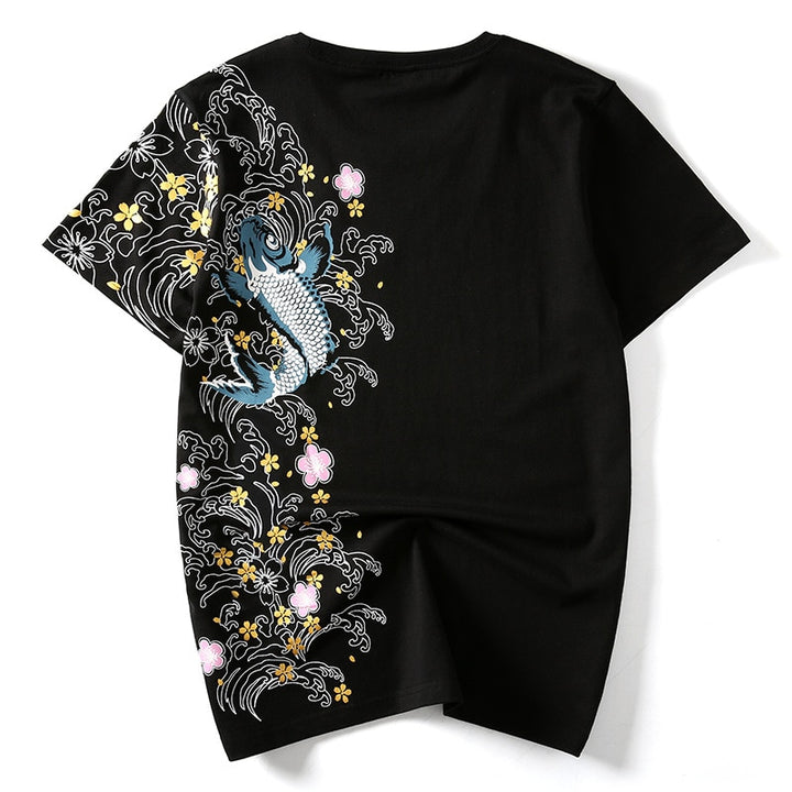 T Shirt Noir  Brodé Carpe et Fleurs