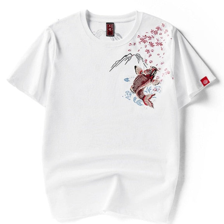 T Shirt Fleurs et Poisson Brodés Blanc