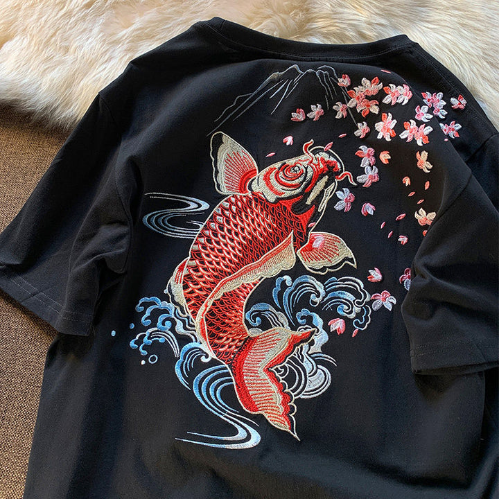 T Shirt Noir Carpe Koi Brodé