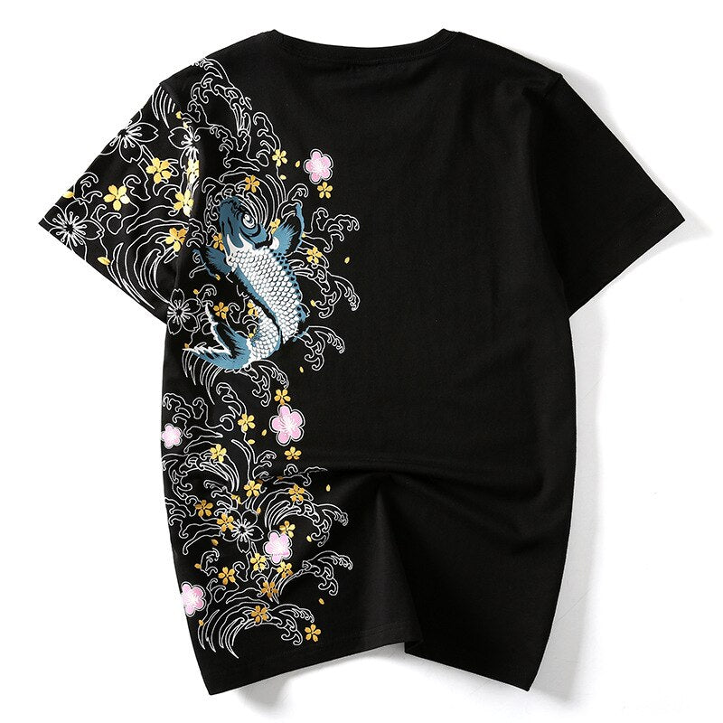 T Shirt Brodé Carpe et Fleurs