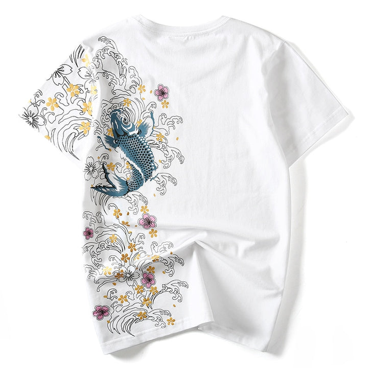 T Shirt Blanc Brodé Carpe et Fleurs