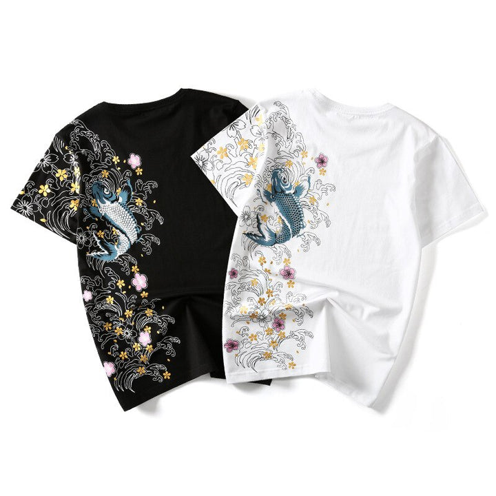 T Shirt Brodé Carpe et Fleurs