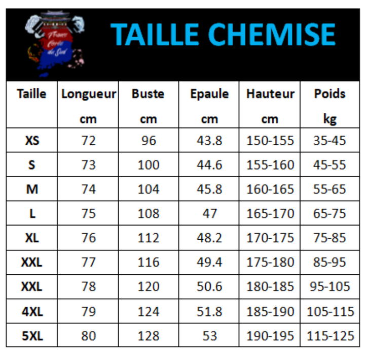 Tableau Tailles Chemise Personnalisée Manches Courtes