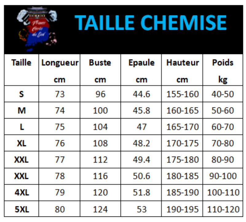 Tableau Tailles Chemise Personnalisée Manches Courtes