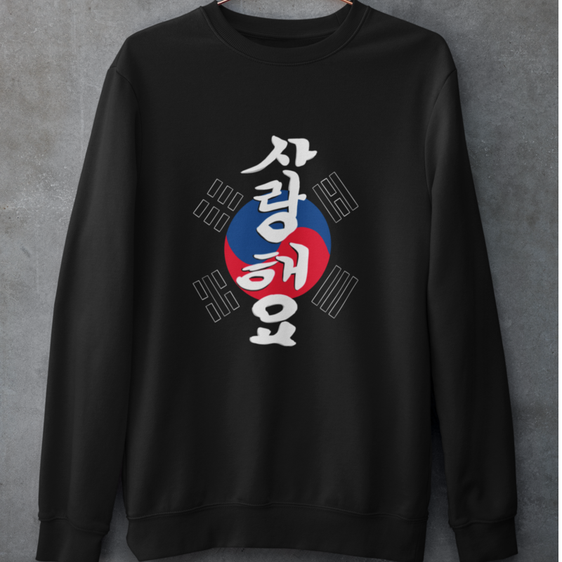 Pull Noir Coréen Brodé Je t'Aime en Hangeul