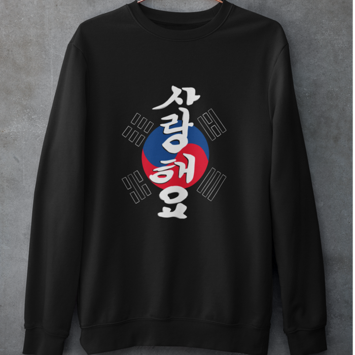 Pull Noir Coréen Brodé Je t'Aime en Hangeul