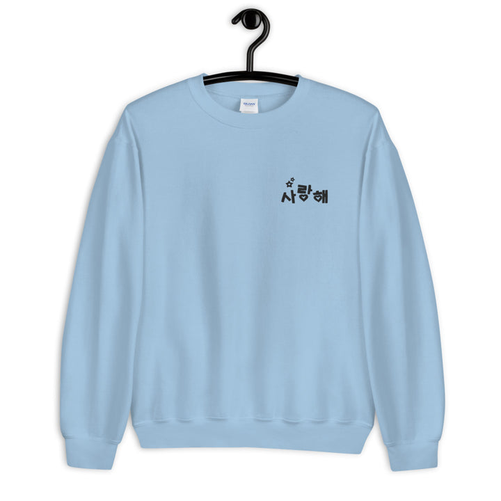 Pull Je t'Aime en Coréen Bleu Clair