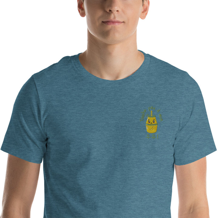 T Shirt Bleu Canard Chiné Lait Coréen Brodé