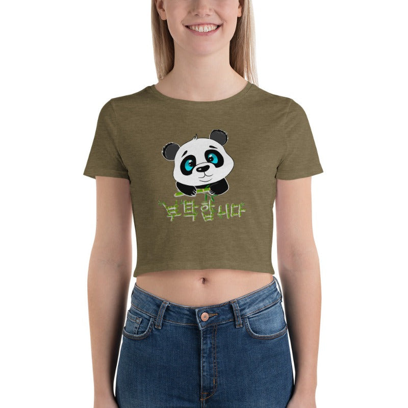 T Shirt Crop Top Panda vert olive chiné